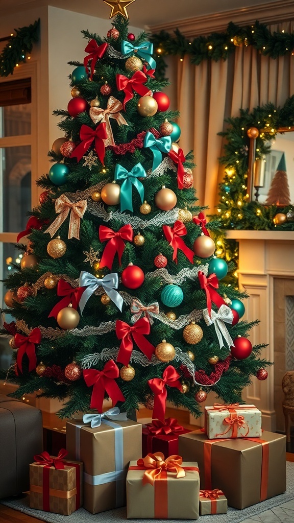 A festive Christmas tree with ribbons and ornaments in a cozy living room.